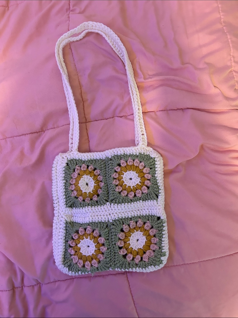 Handmade Green & White Crochet Flower Square Shoulder Bag